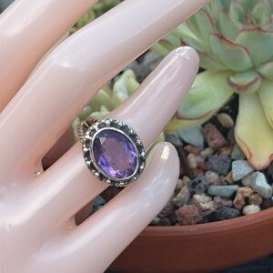 Natural 6.55 ct Oval Amethyst Designer Sterling Silver Ring Size 6.75 rope bead